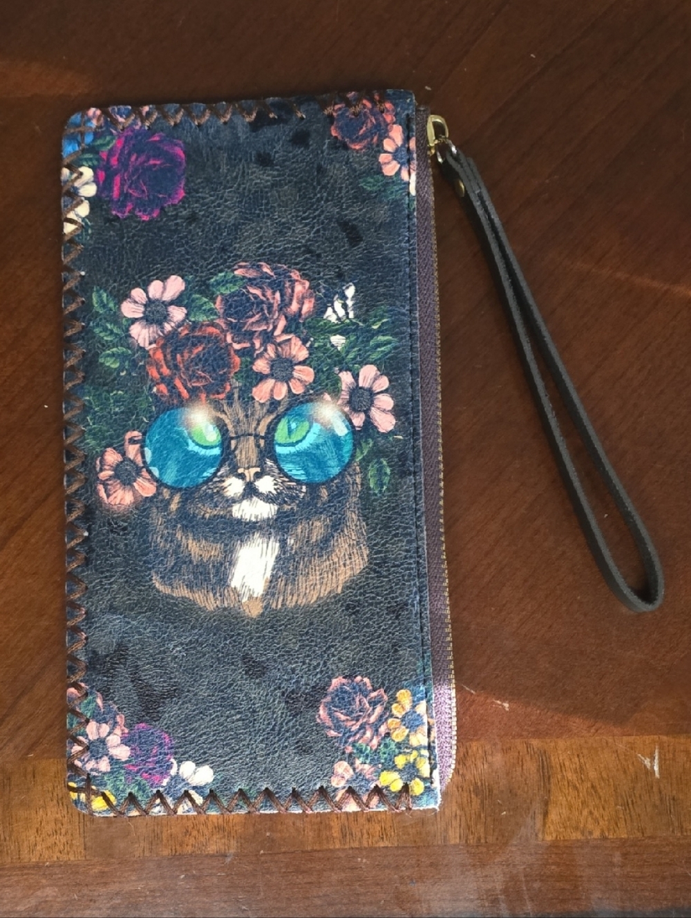 Cat Sunglasses Floral Wristlet Wallet